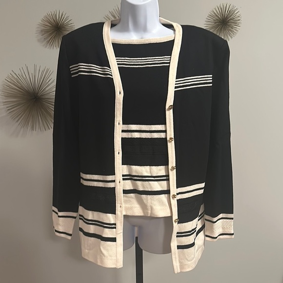 St John Black and Cream Striped Cardigan Set - Picture 1 of 4